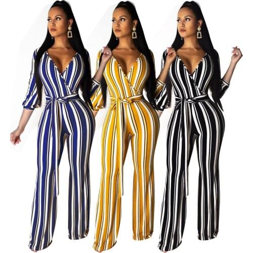 Striped Print Wide-leg Jumpsuits V-neck Long Sleeve Lace-up Jumpsuits Solid High Street Straight Jumpsuits Office Lady 3 Colors