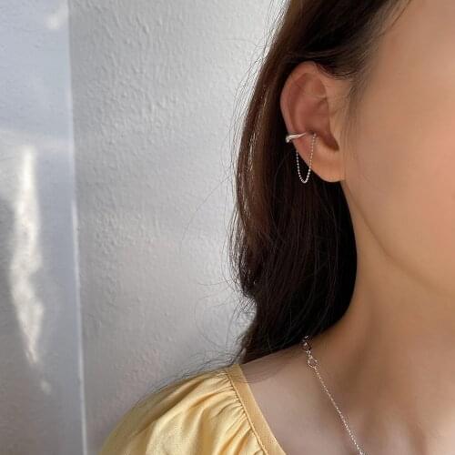 ONLY 1PC Authentic 925 Sterling silver Irregular Double Rows Wave &Beads Chain Clip Cuff Earrings (No pierced) ear-Bone C-C805