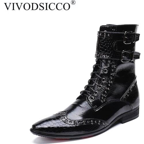 VIVODSICCO Luxury British Style Men Mid Calf Boots Genuine Leather Motorcycle Cowboy Boots Formal Men Brigh Dress Rivets Shoes