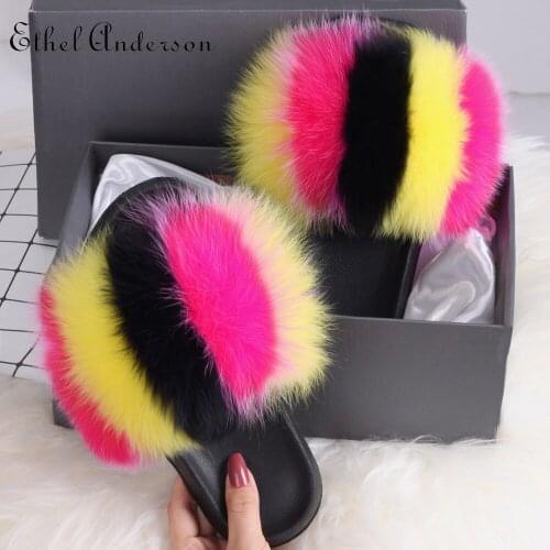 2019 Hot Sale Women Real Fox Fur Slippers Multi-color Summer Fashion Slides Casual Female Furry Shoes