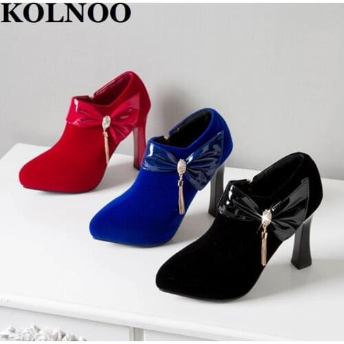 KOLNOO New Womens Handmade Thick Heels Pumps Butterfly Fringed&Accessories Low-Cut Three Colors Evening Party Prom Fashion Shoes