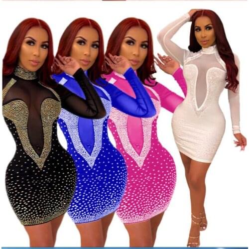 European and American womens urban casual fashion temperament hot drilling sexy mesh see-through nightclub dress