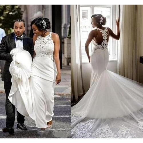 Gorgeous Mermaid Lace Wedding Dresses 2021 Jewel Neck Garden Bridal Gown Plus Size Custom Made Vestios De Novia