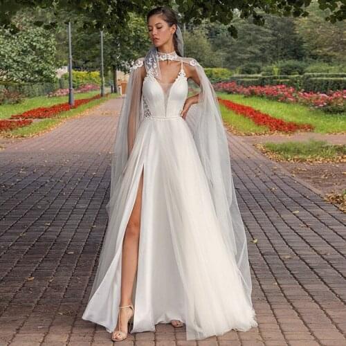 2021 Elegant Wedding Dresses With shawl Side Slit Lace Appliques Illusion Sweetheart Princess Country Bridal Gowns Robe De Marie