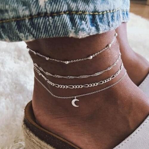 4 Pcs/Set Chain Moon Beads Pendant Mutilayer Anklet Set For Women Summer Beach Geometric Foot Jewelry