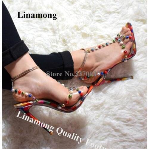 Linamong Bling Bling Mixed-colors Beads PVC Stiletto Heel Sandals Candy Color T-straps High Heel Sandals Wedding Dress Heels