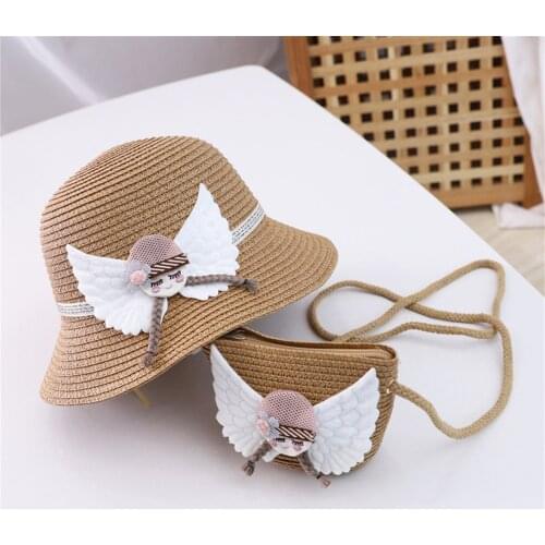 2021 Children Summer New Straw Hat 2-6y Female Baby Girls Hat Matching Bag Korean Sun Shade Flower Pot Hat Beach Beach Hat