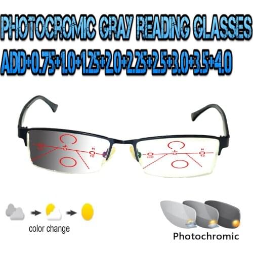 Photochromic Gray Progressive Multifocal Reading Glasses Men Woem Ultralight Black Frame+1.0 +1.5 +1.75 +2.0 +2.5 +3 +3.5 +4