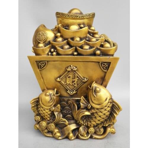Exquisite China Seiko carving pure brass Goldfish money box wealth crafts statue