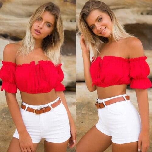 2017 New Fashion Women Ladies Off Shoulder Crop Blouses Shirts Summer Ruffle Solid Short Blouses Hot Sales