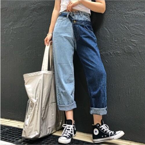 New Spring 2019 Fashion high quality Patchwork Hit Color Detachable Blue Jeans Straight Denim Pants Women