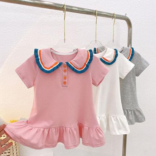 Hollead Kids Cotton Doll Collar Dresse Sweet Girls Casual Patchwork Dress 3 Colors Japanese And Korean Princess Dress For 1-8Y