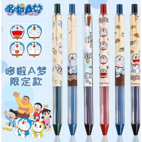 6PCS Doraemon Press Pen Stationery for School Supplies Kawaii Black Press Pen 0.5 Large Capacity Quick Dry