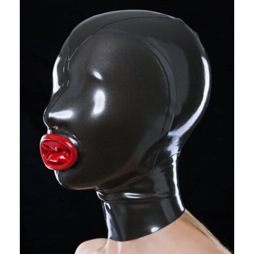 Sexy Black Fetish Latex Hood Mask Gummi Rubber Mouth with Red Inner Condom Asphyxia