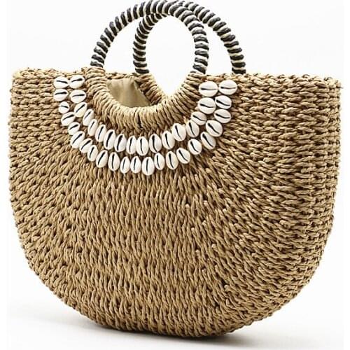 New Shell Moon Bag Women Straw Hand Bags Female Holiday Beach Handbags Ladies