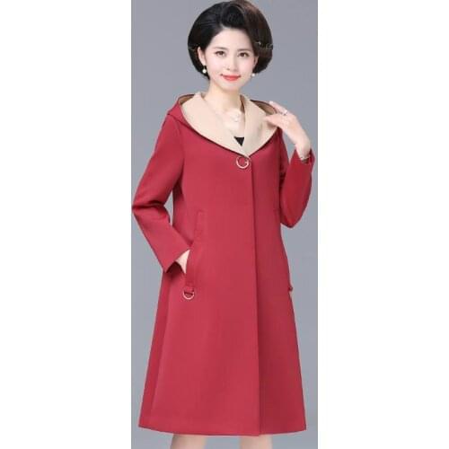 2021 Spring Womens Trench Coat Plus Size Windbreaker Female Mid-Length Over The Knee Middle-Aged Womens Hooded Jacket Coat W57