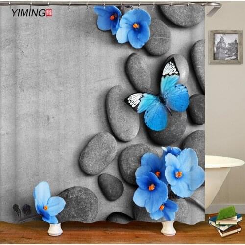 3D Butterfly Flower Printed Bathroom Waterproof Shower Curtain Polyester Moldproof Household Decorative Curtain with Hook