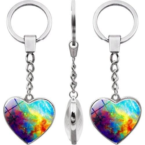 WG 1pc Cosmic Nebula Time Gem&stone Cabochon Heart Keyring Keychain Pendant Metal Keychain For Trinket Men Car Key Ring KeyChain