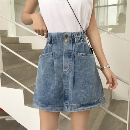 HziriP Korea Chic Summer Elastic High Waist Jean Womens Slim Simple Hot 2019 New Femme Streetwear Denim Female A-Line Skirts