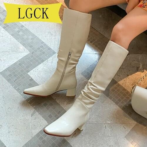 Big Size 34-39 Fashion Leather Women Boots Chunky Heel Pointed Toe Ladies Shoe Winter Solid Color Knee High Boots Woman Footwear