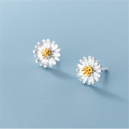Genuine 100% 925 Sterling Silver Cute Sweet Little Daisy Chrysanthemum Studs Earrings for Women Femme Party Fine Jewelry