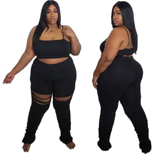 Plus Size Women Clothing Two Piece Set 4xl Sexy Solid Color Vest Solid Color Hole Loose Black Pants Suit Wholesale Dropshipping