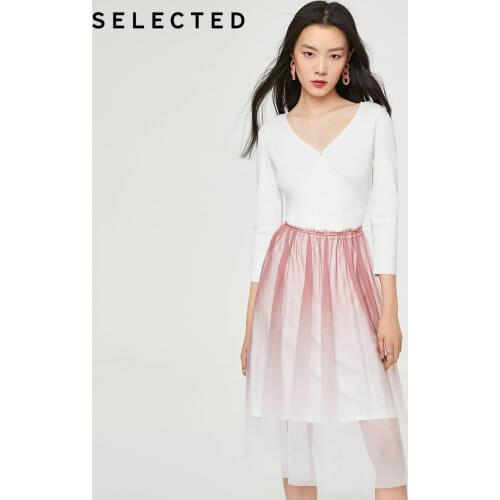 SELECTED Stitching Gradient Mesh Slim Fit Womens V-neck Mid-length Dress S|420146504