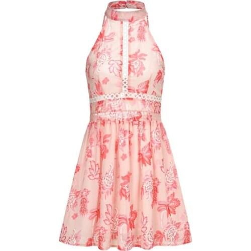 Bohemian Dress Floral Print Women Elastic High Waist Sexy Summer Hollow out Elegant Backless Bow Tie Chiffon Mini Dresses