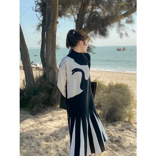 Animal Pattern Knitted Dress 2021 New Turtleneck Long Sleeve Warm Slim Women Dress Korean Style Contrast Color Stitching