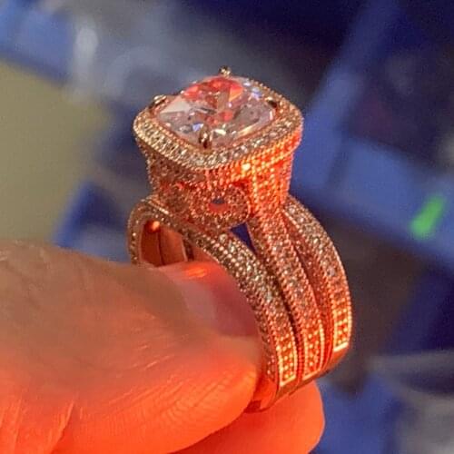 2020 New Arrival Vintage Fine Jewelry Hot 925 Sterling Silver&Rose Gold Cushion Shape White Topaz CZ Diamond 3PCS Wedding Ring