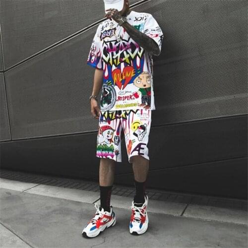 2021 Summer Graffiti Punk Hip Hop Short Sleeve T-shirt + Shorts Two Piece Set Men Women Harajuku Funny Tops Short Pants Suits
