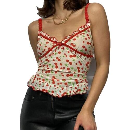 Thin Shoulder Strap Floral Pattern Blouse Printed Bare Back Sling Blouse Cute cherry print V-neck Korean sling top fashion T5