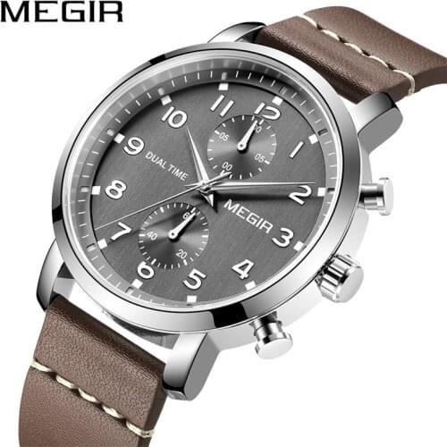 MEGIR 2021 Fashion Brown Leather Quartz Watch for Men Waterproof Chronograph Sport Wrist Watches Man Clock Hour Montre Homme