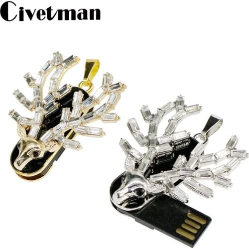 Crystal USB 2.0 Flash Disk 8GB 16GB 32GB 64GB 128GB Pen Drive Deer Head Pendant Usb Flash Drive 256GB Pendrive Memory Stick