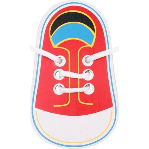 Red Wooden Montessori Toy Shoe Lacing Game Kids Life Skill Learning Toy Gift