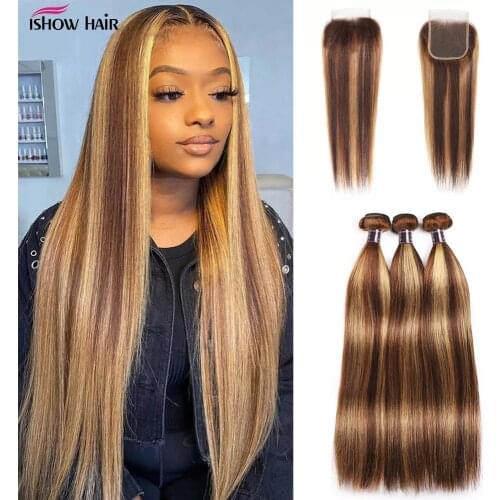 Ishow Highlight Ombre Bundles With Closure Brazilian Bone Straight Bundles With Closure Brown Human Hair Bundles With Closure