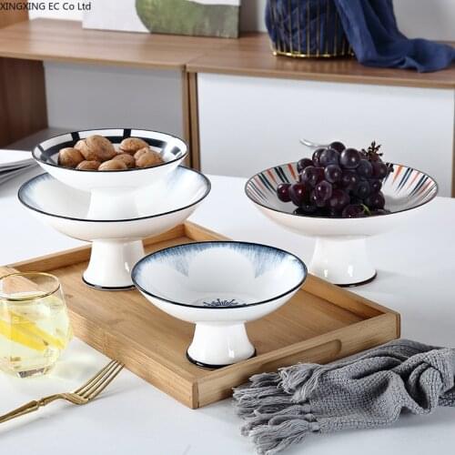 Refreshment Plate Ceramic Round Fruit Bowl Living Room Dried Fruit Plate Creative Household High-foot Plate Nut Snack Plate