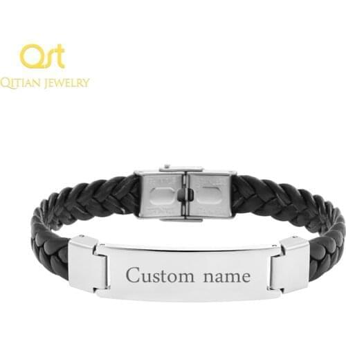 Fashion Custom logo Name Engrave Leather Love Bangle & Bracelet Stainless Steel Bracelets For Women Men ID Bracelet Jewelry