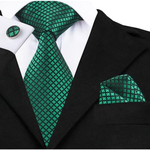 SN-1608 Hi-Tie New Plaid Green Tie Hanky Cufflinks Set Fashion Mens High Quality Silk Jacquard Gravatas Mens Corbatas