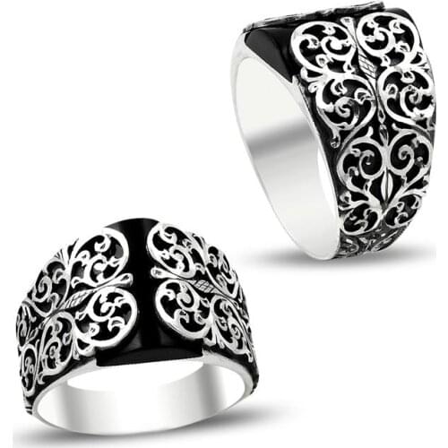 Black Onyx Gemstone Ring Silver Men Ring Handmade Men Ring Silver Ottoman Motif Ring Made in Turkey Solid 925 Sterling Silver