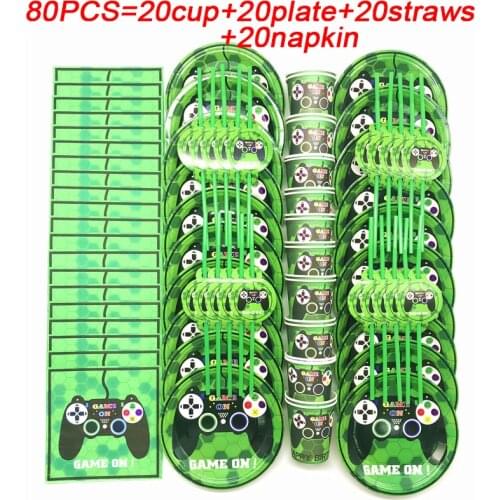 80pcs Game Theme Disposable Tableware Set Video Game Controller Boy Birthday Cup Plate Straws Napkin Party Decoration Supplies