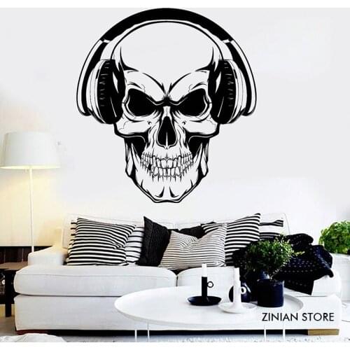 Skull Headphones Wall Decals Musical Wall Sticker For Teen Bedroom Music Stickers For Living Room Art Mural Wallpaer H065