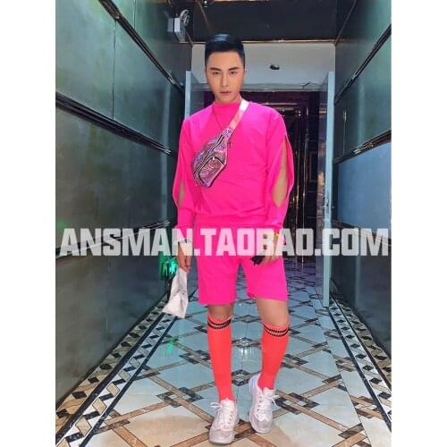 Nightclub bar male singer DJ DS GOGO fluorescent pink hip-hop sweater party theme performance costume carnival party