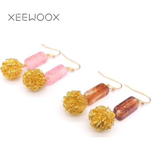 2019 New Big Golden Color Wire Ball Pink Acrylic Block Long Statement Woman Man Girl Drop Earring XEEWOOX Design Creative