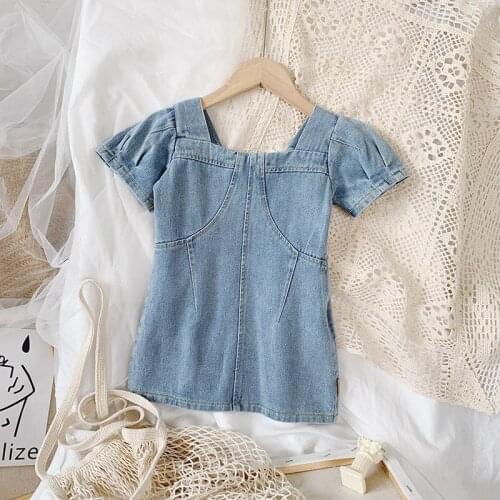 Girls Dresses U-neck Bubble Sleeve Denim Dress Summer New Childrens Clothing 2-8 Years Old Kids Baby Girl Clothes