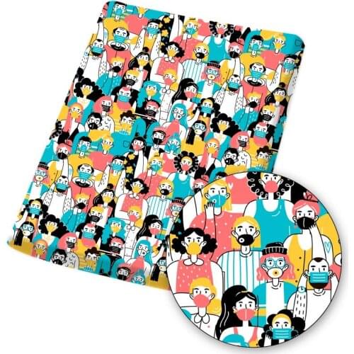 Polyester Cotton Fabric Person Wearing Mask Cartoon Bear Printed Cloth Sheets DIY Dress/Bag Sewing Materials Crafts 45*145cm 1Pc