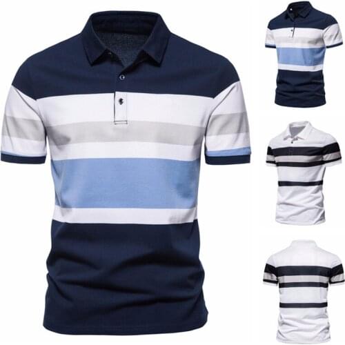 2021 New Summer High Quality Mens Stripe Contrast Color Print Lapel Slim Business Casual Short Sleeve Polo Shirt Men