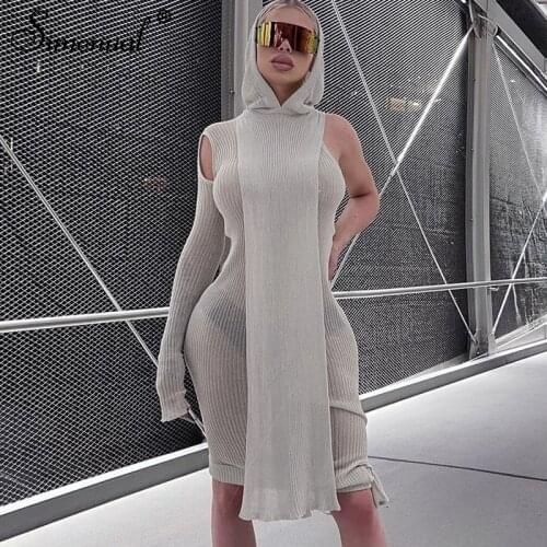 Simenual One Sleeve Knit Asymmetric Midi Dresses Skinny Ribbed Hooded Streetwear Baddie Clothes Fall Spring Clubwear Tight Dress