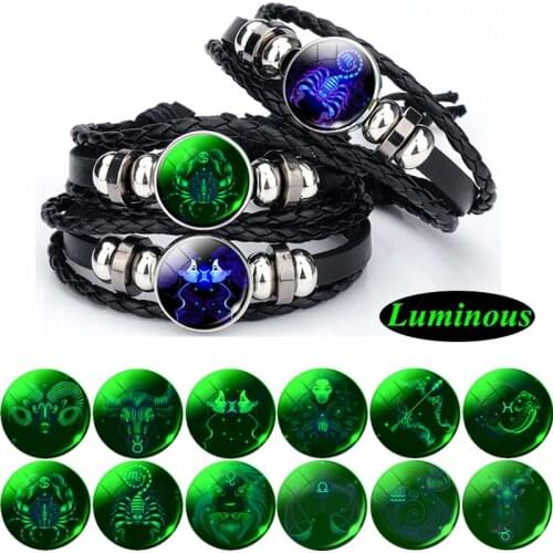 Glow In The Dark 12 Constellation Zodiac Black Leather Bracelet Glowing Glass Cabochon Jewelry Luminous Bracelets Birthday Gifts