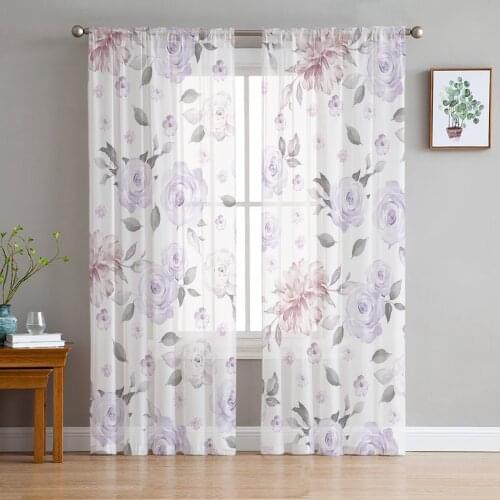 Watercolor Flower Leaves Lavender Color Sheer Curtains for Living Room Modern Voile Curtain Bedroom Tulle Curtains Window Drapes